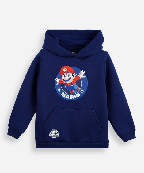 blusão infantil de moletom com capuz mario bros azul