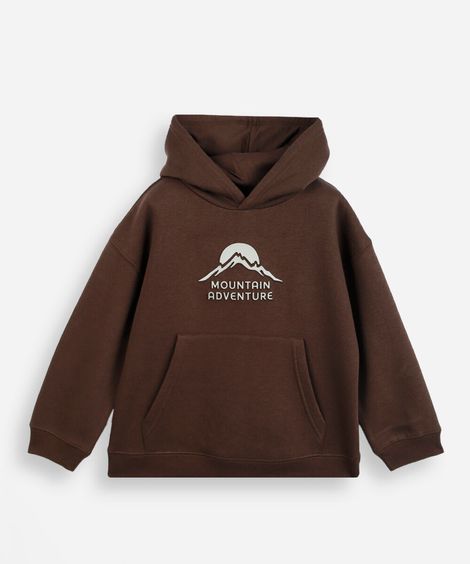 blusão infantil de moletom com capuz estampado marrom