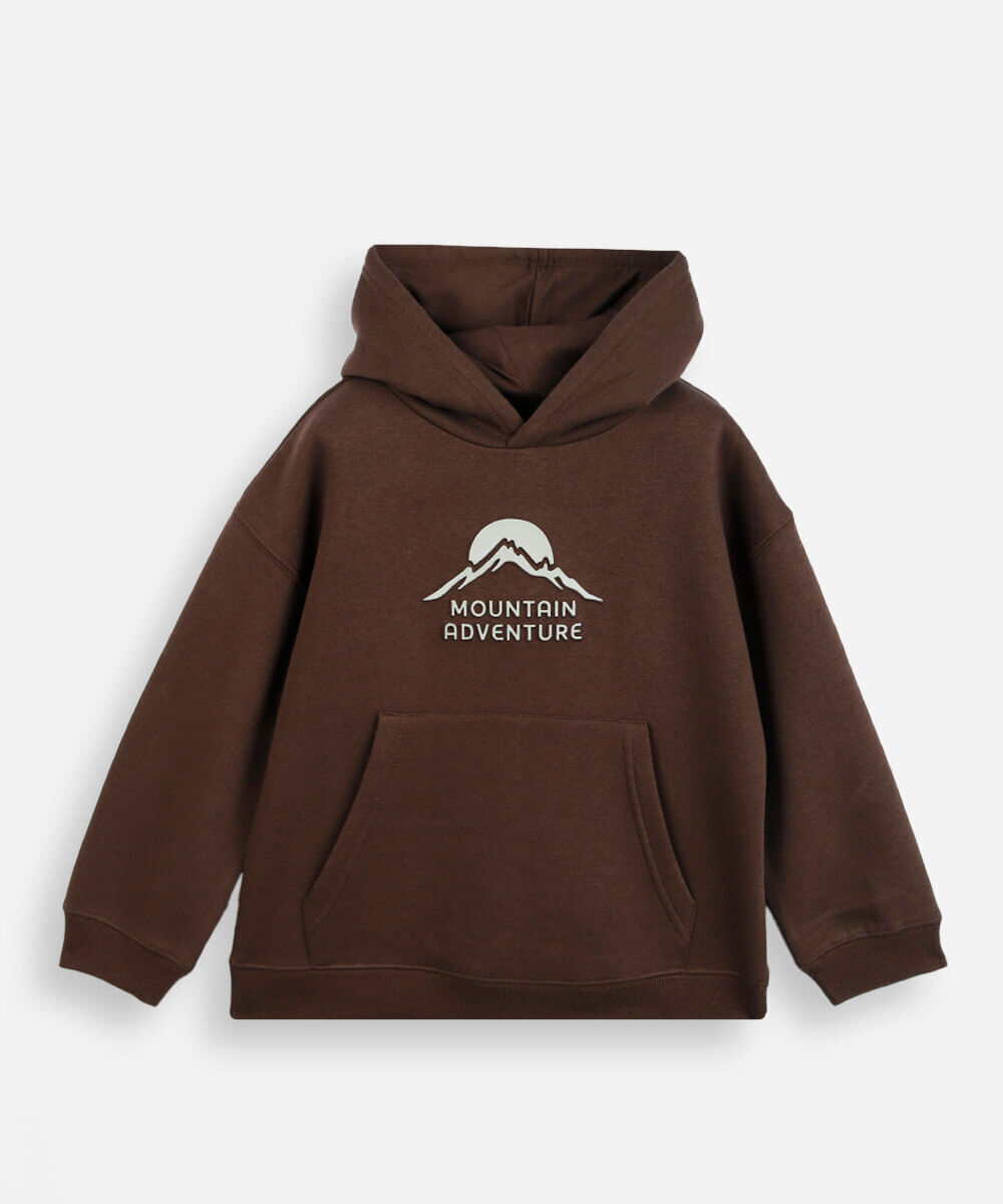 blusão infantil de moletom com capuz estampado marrom