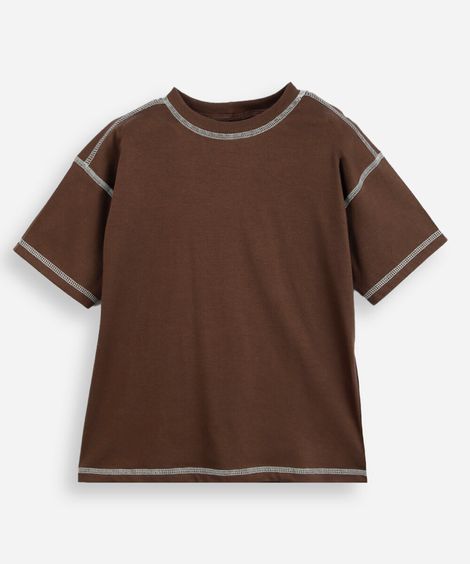 camiseta infantil de algodão manga curta costura contrastante marrom