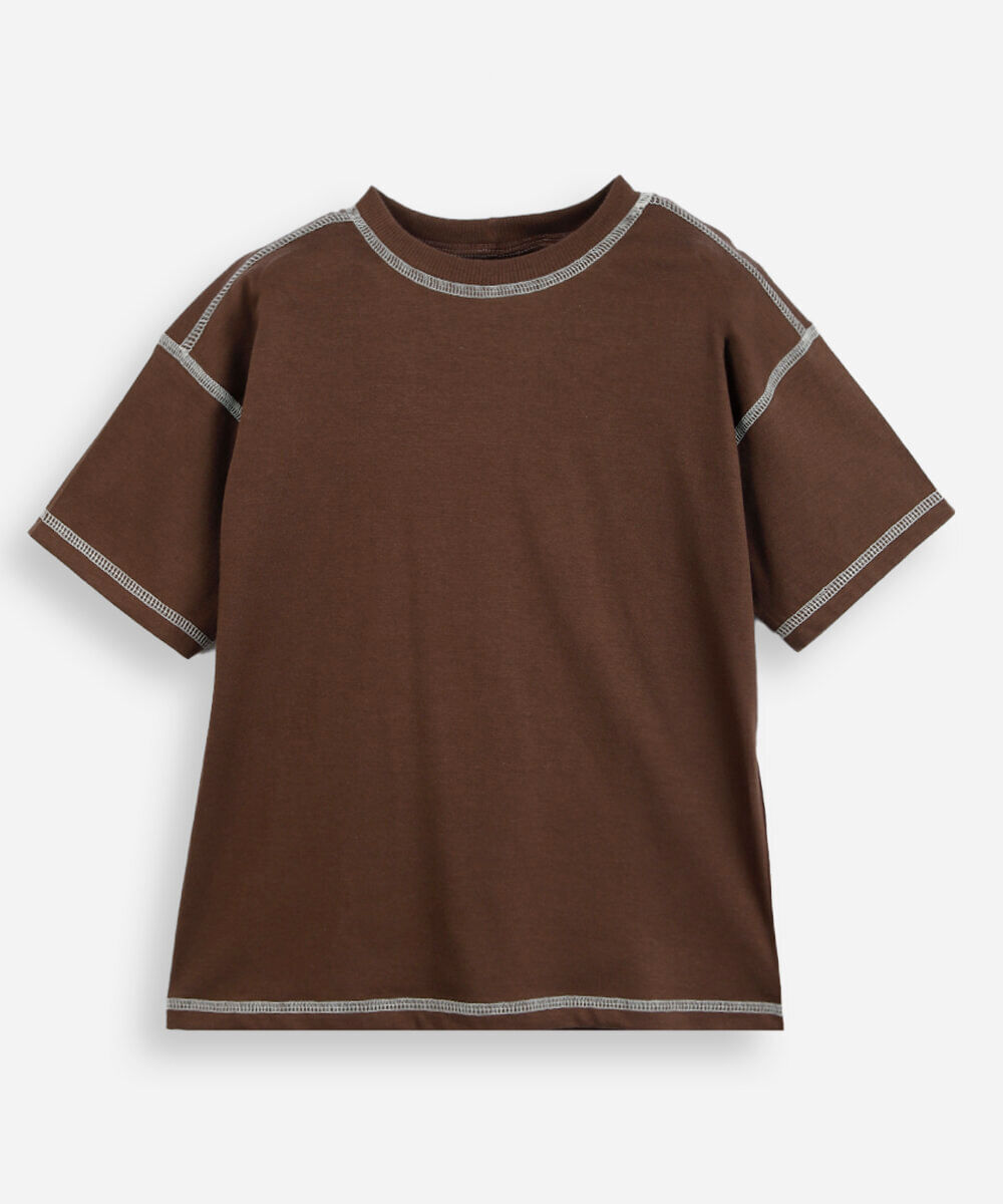 camiseta infantil de algodão manga curta costura contrastante marrom