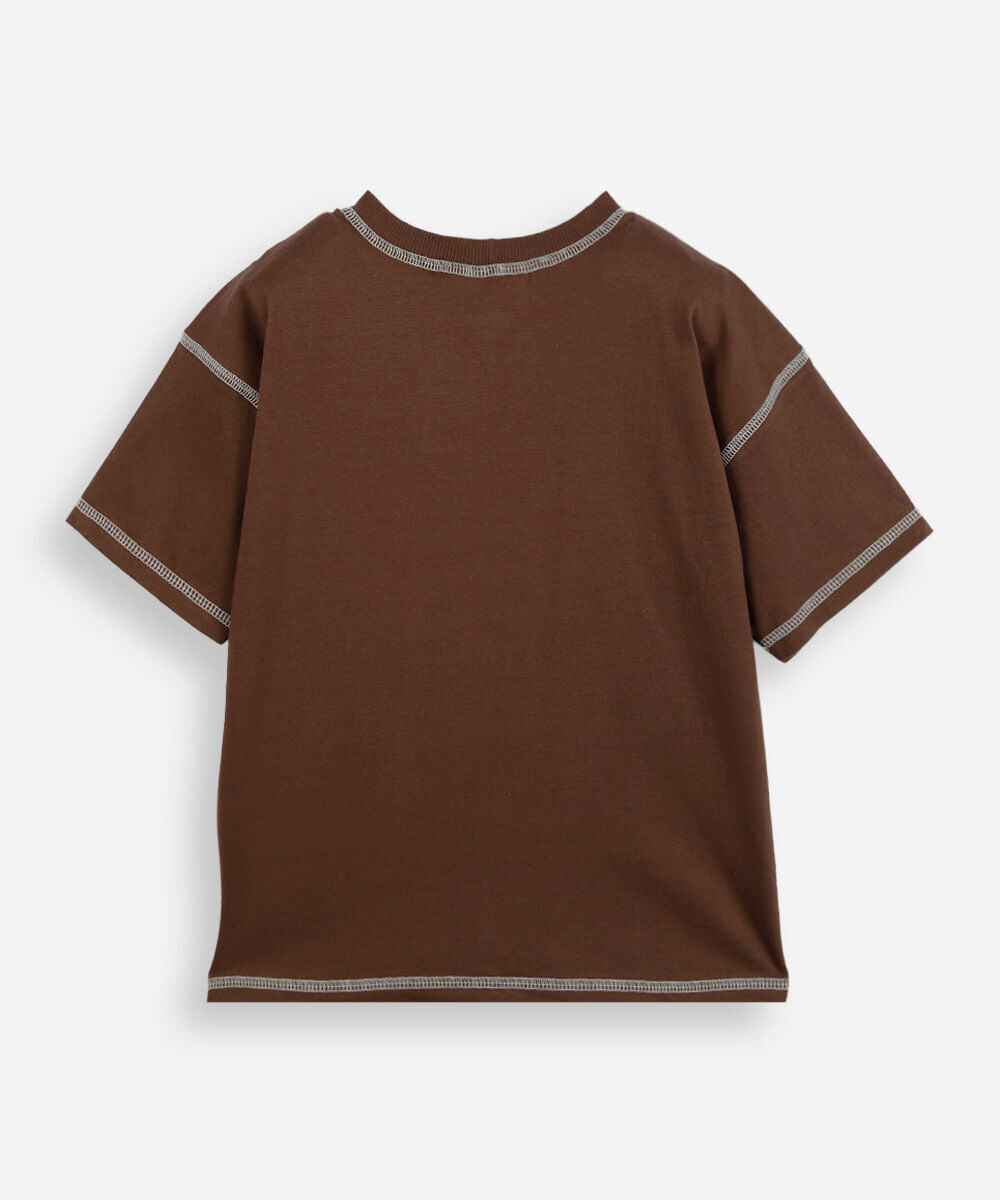 camiseta infantil de algodão manga curta costura contrastante marrom