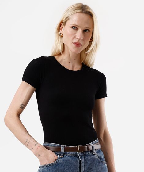 body básico feminino manga curta canelado preto