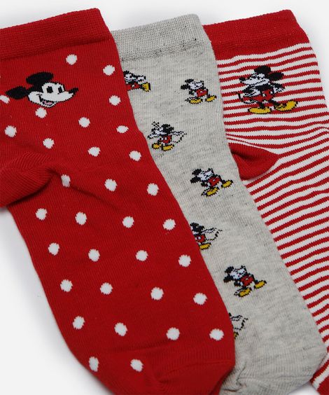 kit de 3 meias cano médio feminina mickey mouse colorido