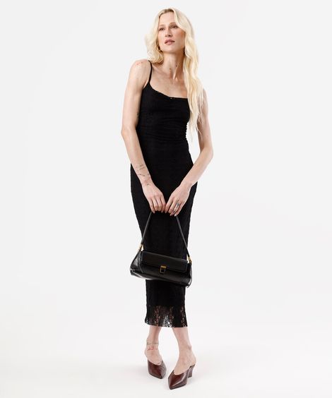 vestido midi alça fina feminino de renda franzido preto