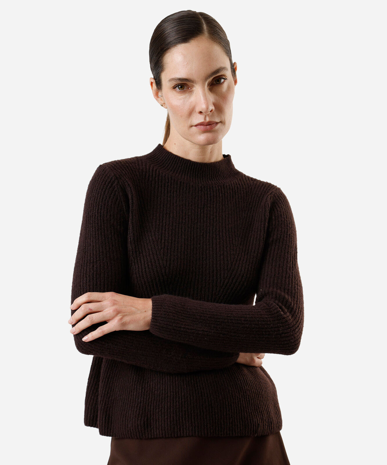 suéter peplum feminino de tricot canelado marrom