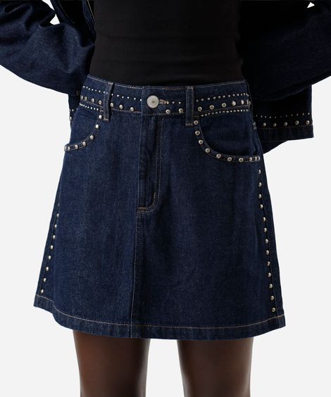 minissaia feminina jeans com tachas cintura média azul