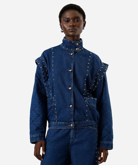 jaqueta bomber oversized feminina jeans matelassê com tachas azul