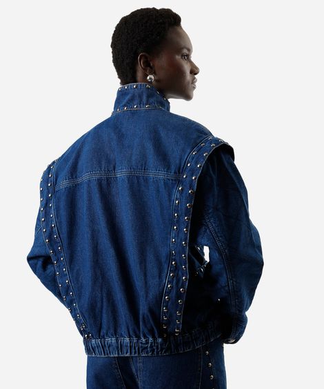 jaqueta bomber oversized feminina jeans matelassê com tachas azul