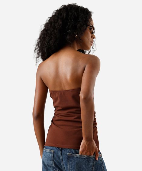 blusa sem alça feminina com franzidos marrom
