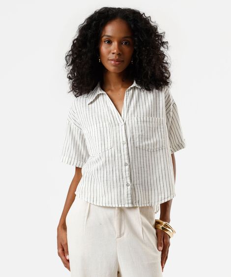 camisa feminina de algodão com bolsos listrada verde