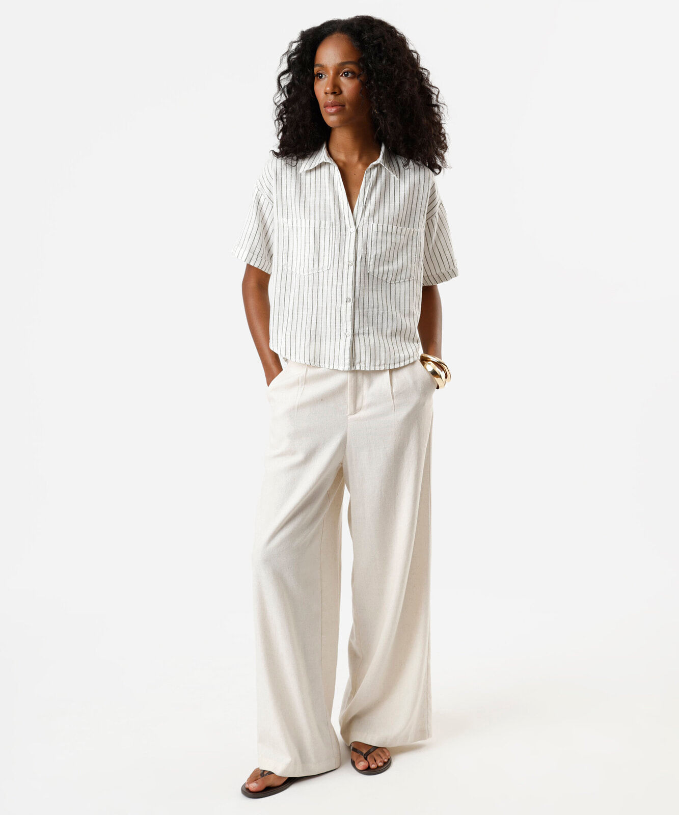 camisa feminina de algodão com bolsos listrada verde