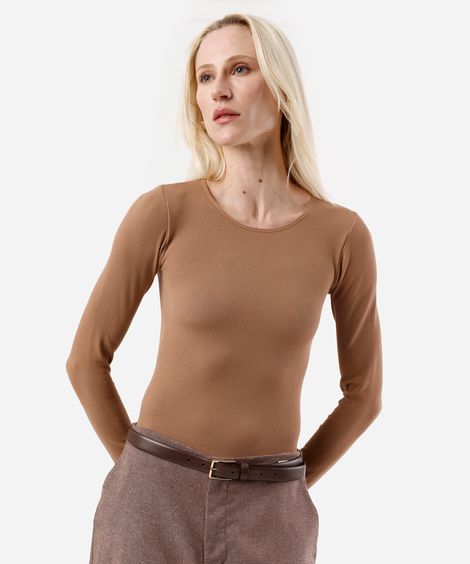 body feminino de poliamida manga longa canelado marrom
