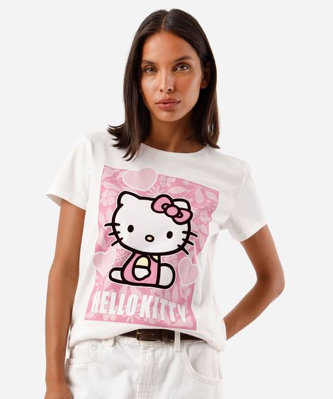 camiseta feminina de algodão manga curta hello kitty off white