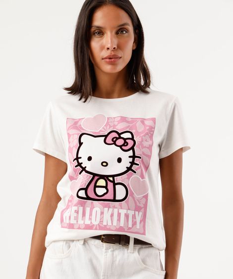 camiseta feminina de algodão manga curta hello kitty off white