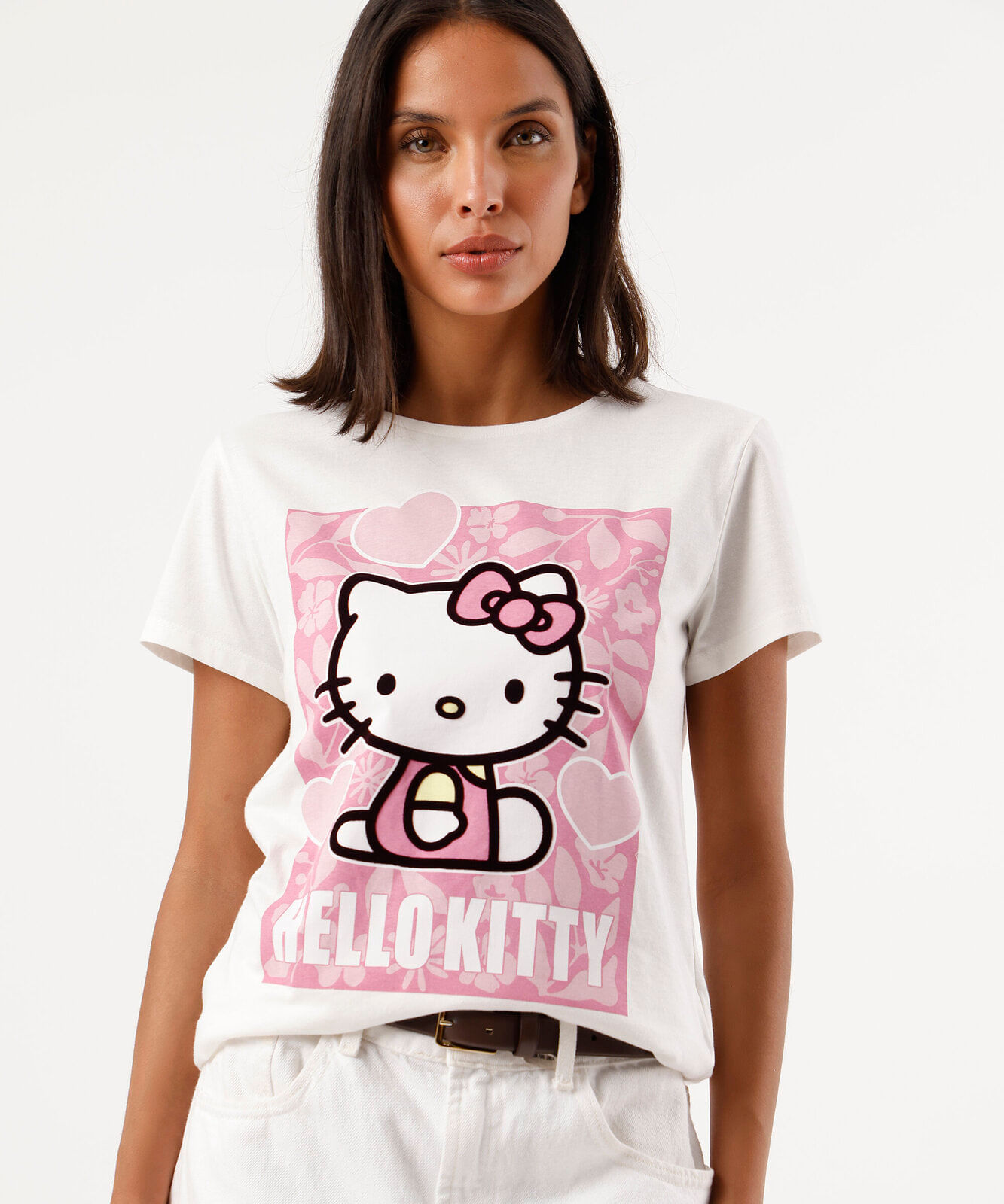 camiseta feminina de algodão manga curta hello kitty off white