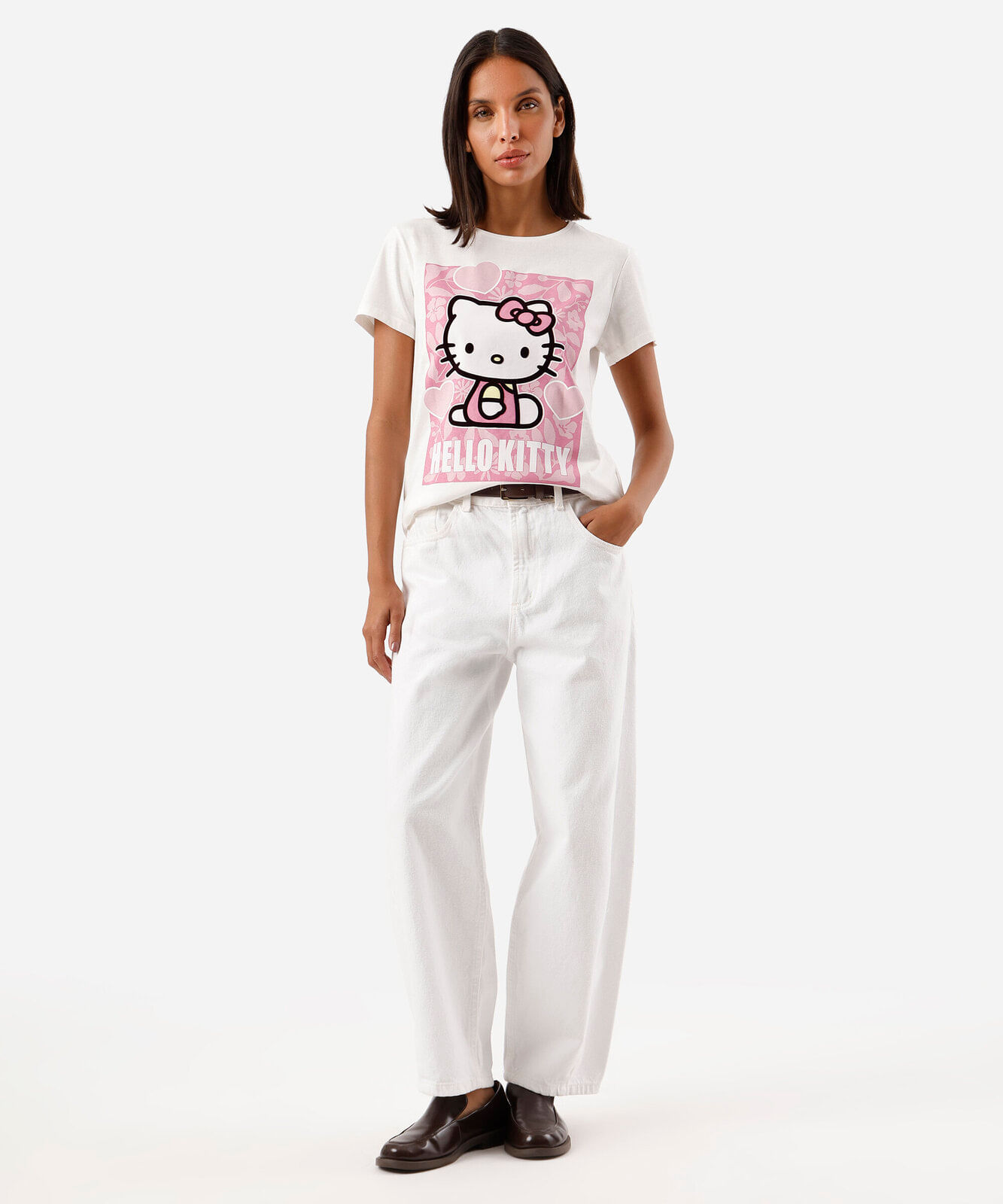 camiseta feminina de algodão manga curta hello kitty off white