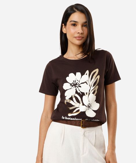 camiseta feminina de algodão manga curta floral marrom