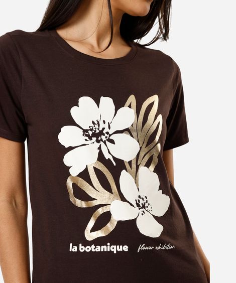 camiseta feminina de algodão manga curta floral marrom