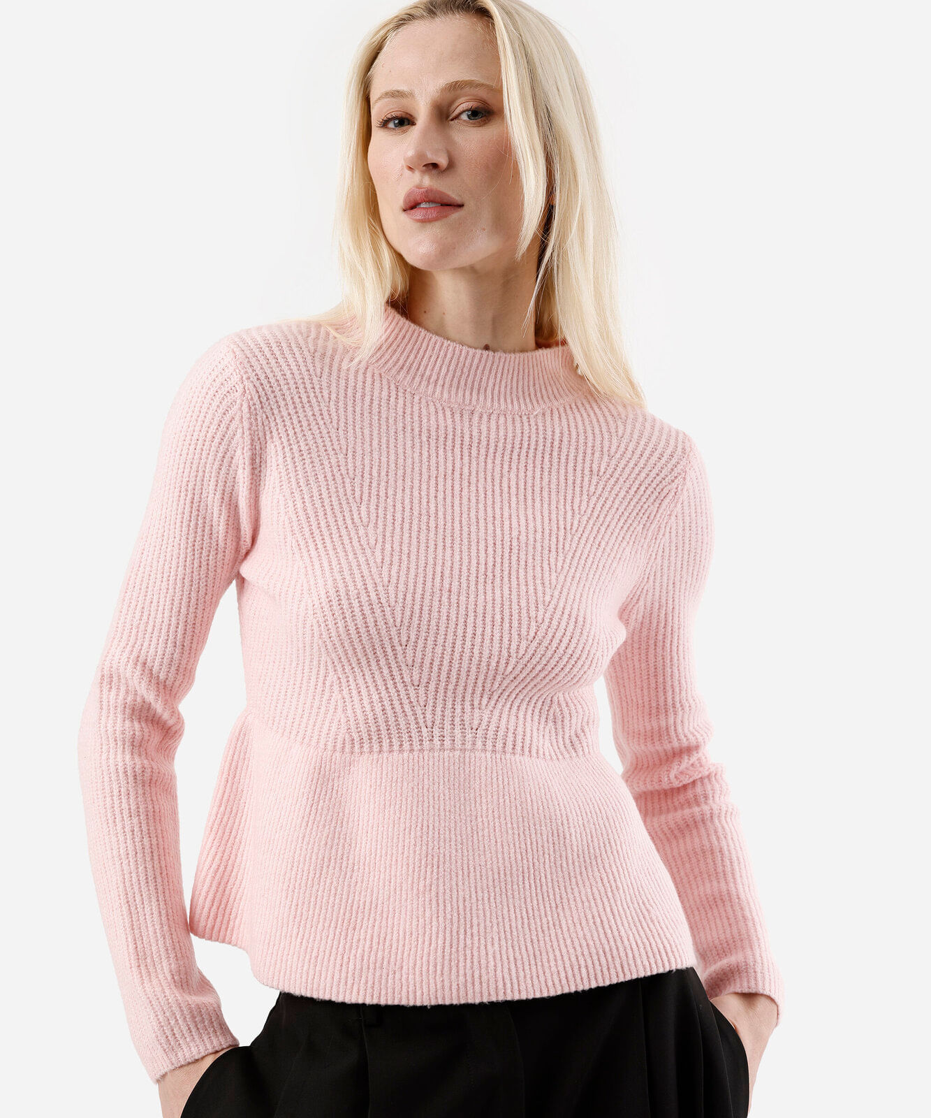 suéter peplum feminino de tricot canelado rosa