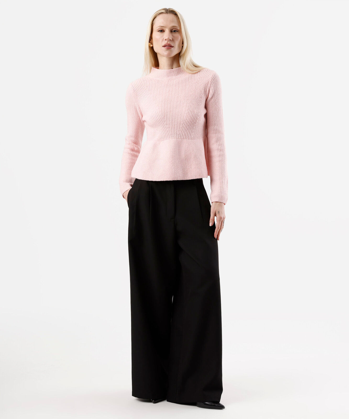 suéter peplum feminino de tricot canelado rosa
