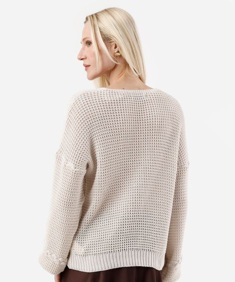 suéter feminino de tricot decote v texturizado bege