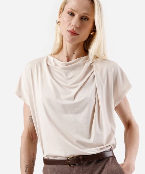 blusa feminina manga curta franzida bege