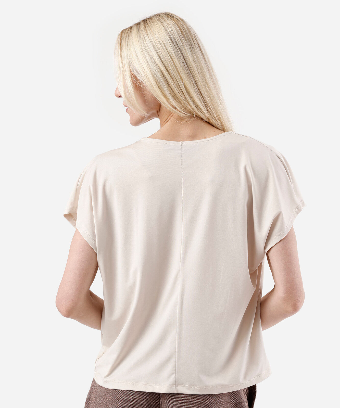 blusa feminina manga curta franzida bege