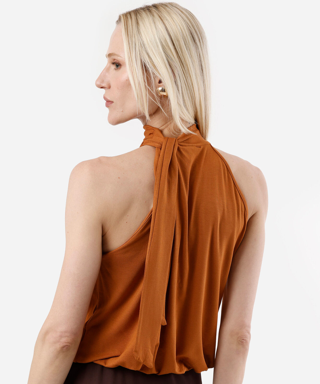blusa feminina de viscose halterneck com amarração laranja