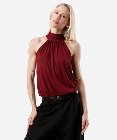 blusa feminina de viscose halterneck com amarração vinho