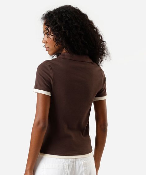 polo feminina de algodão com zíper manga curta canelada marrom