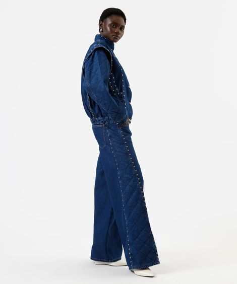 calça super wide leg feminina jeans matelassê com tachas cintura média azul