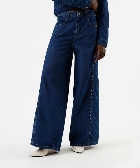 calça super wide leg feminina jeans matelassê com tachas cintura média azul