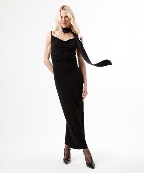 vestido midi alça fina feminino decote degagê com fenda e lenço preto