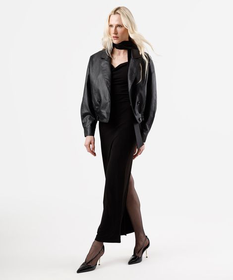 vestido midi alça fina feminino decote degagê com fenda e lenço preto