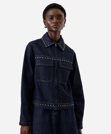 jaqueta feminina jeans com tachas azul