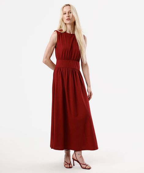 vestido midi feminino de algodão com recorte franzido vermelho