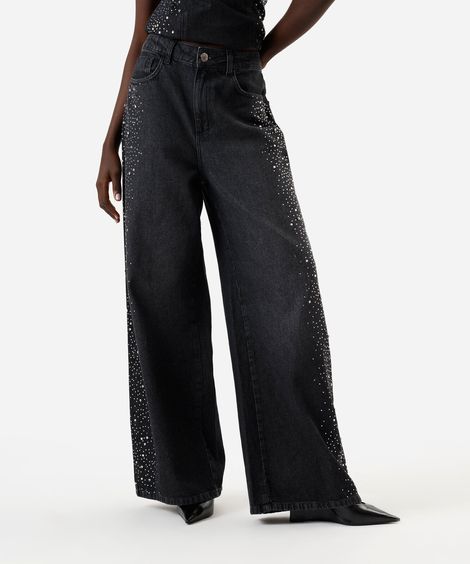 calça wide leg feminina jeans com brilhos cintura alta preta