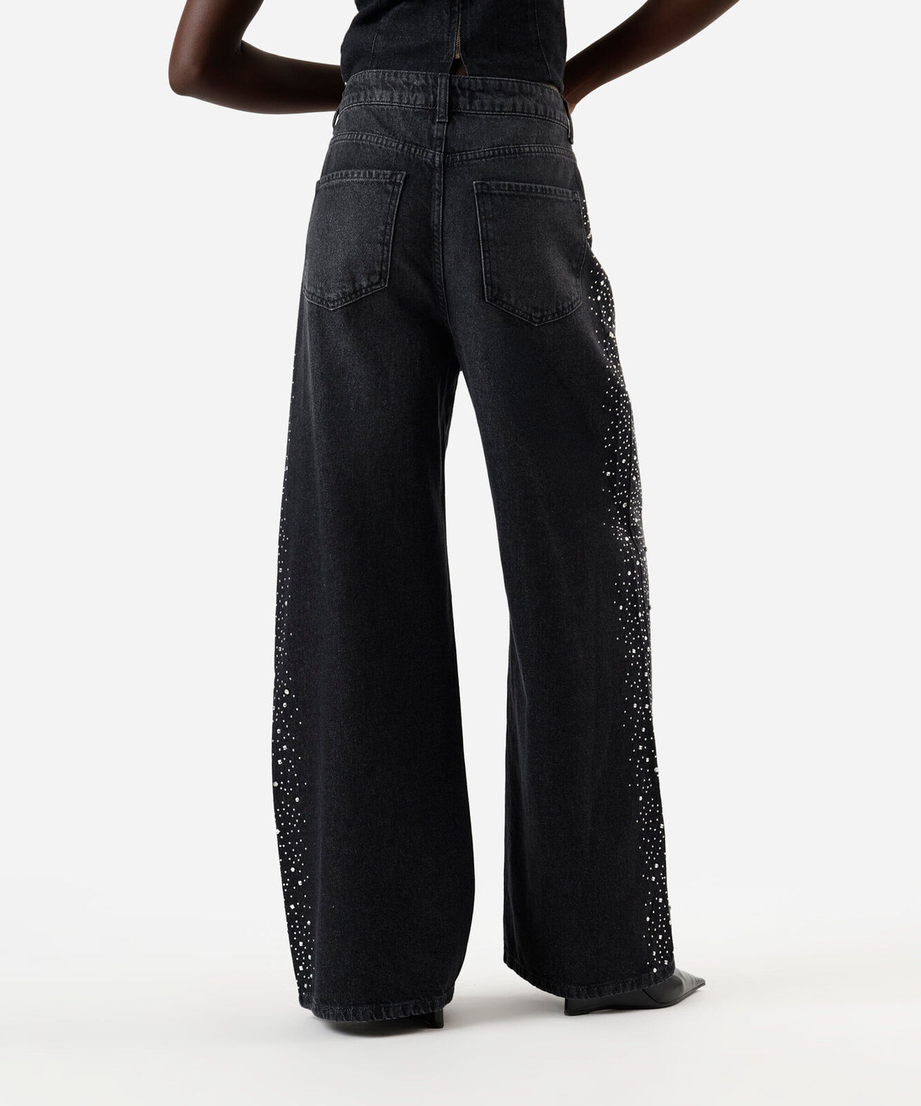 calça wide leg feminina jeans com brilhos cintura alta preta