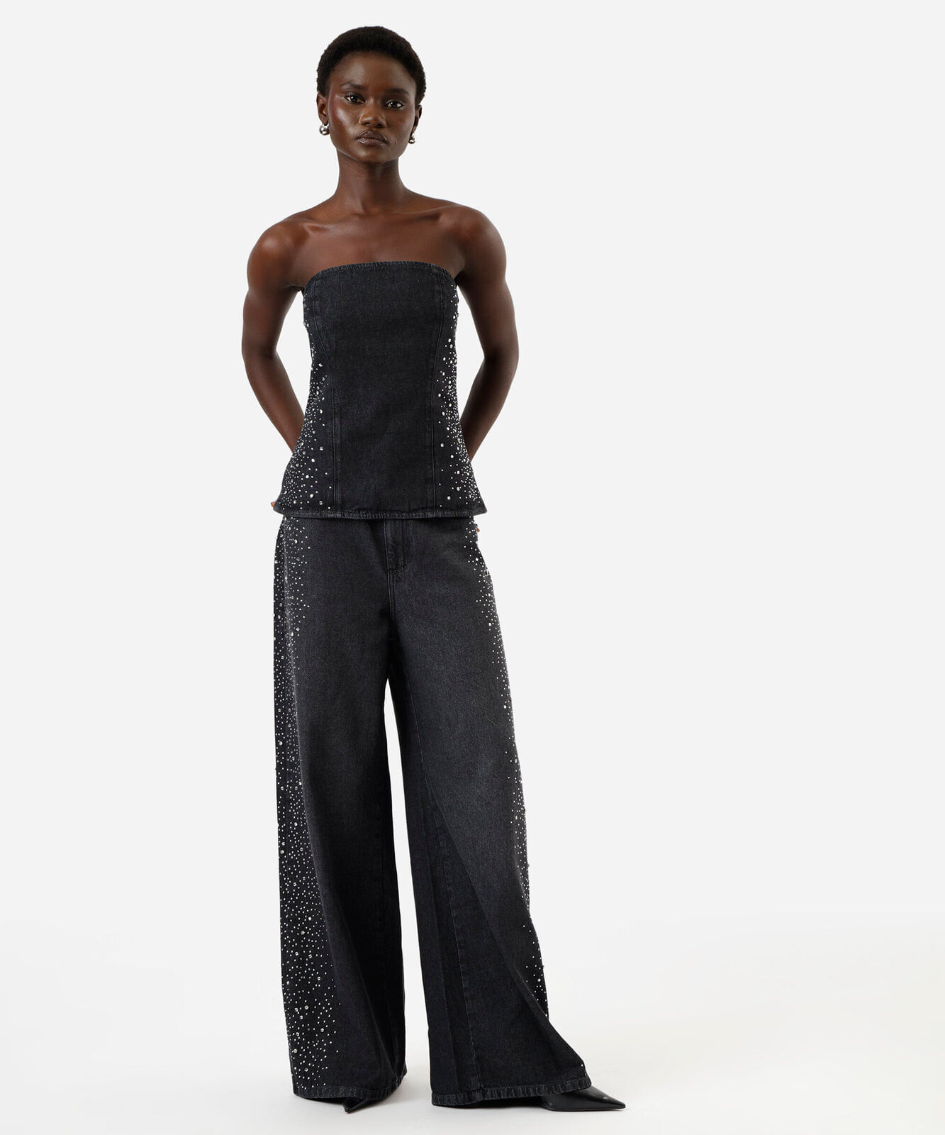 blusa sem alça feminina jeans com brilhos preta