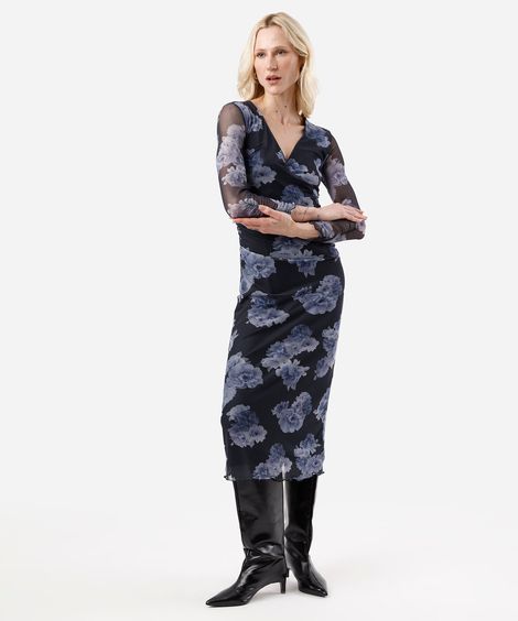 vestido midi feminino de tule decote v floral azul