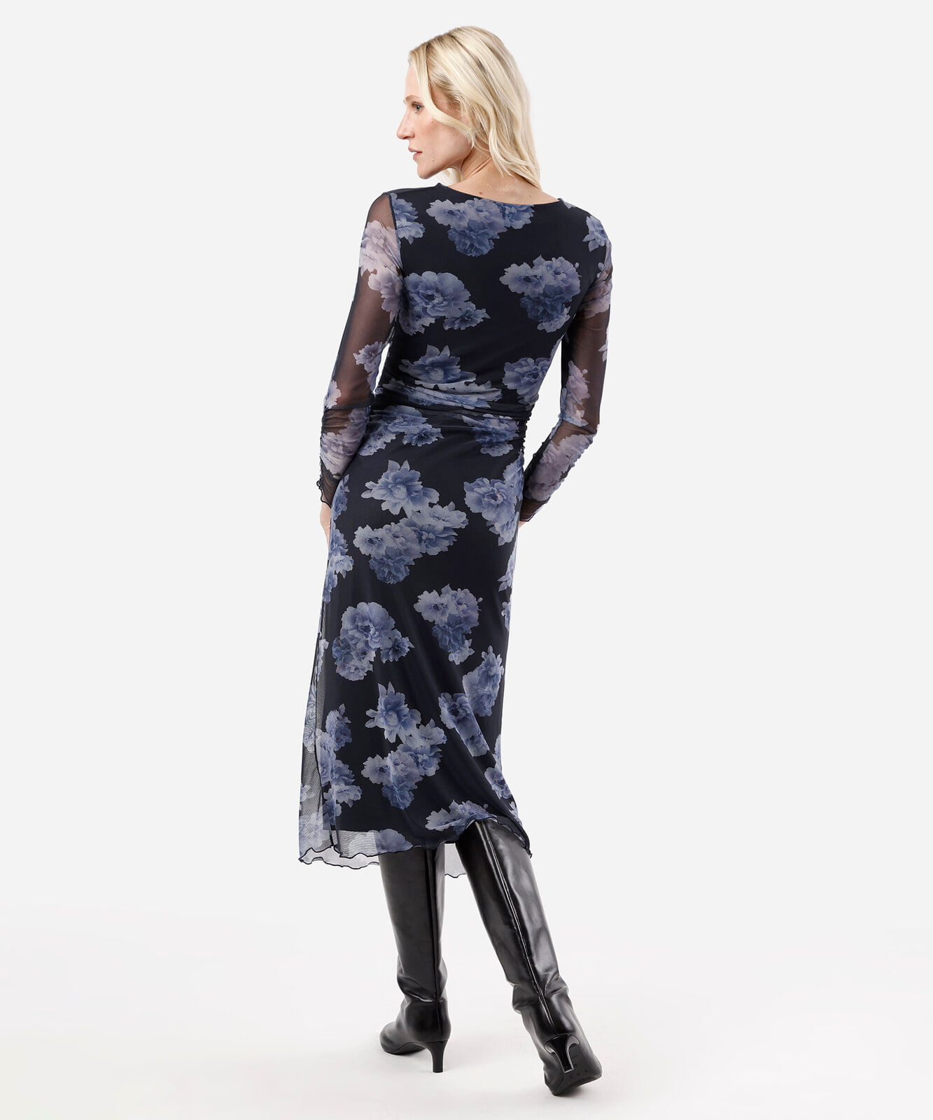 vestido midi feminino de tule decote v floral azul