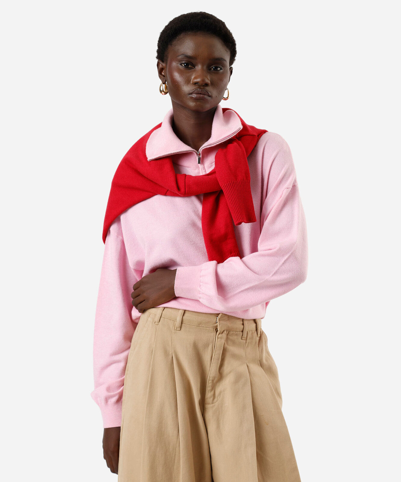 suéter feminino de tricot gola alta com zíper rosa