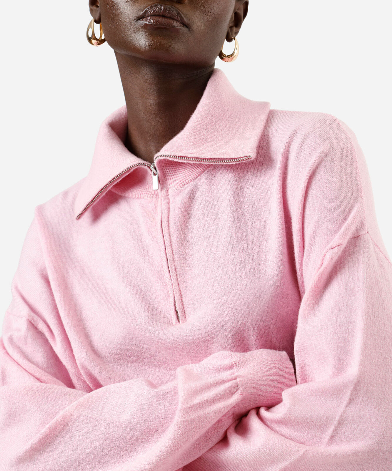 suéter feminino de tricot gola alta com zíper rosa