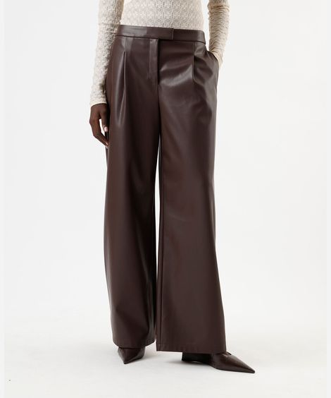 calça reta feminina de pu cintura alta marrom