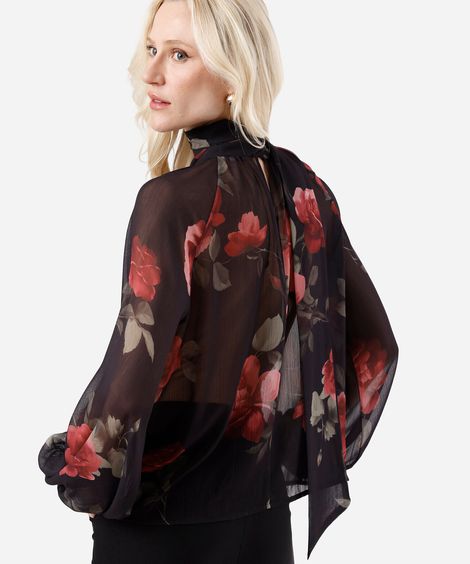 blusa feminina gola alta com amarração floral preta