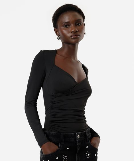 blusa feminina decote v manga longa franzida preta