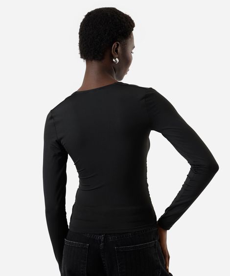 blusa feminina decote v manga longa franzida preta