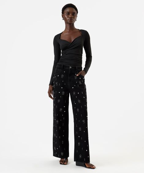 calça reta oversized feminina jeans com brilhos cintura alta preta