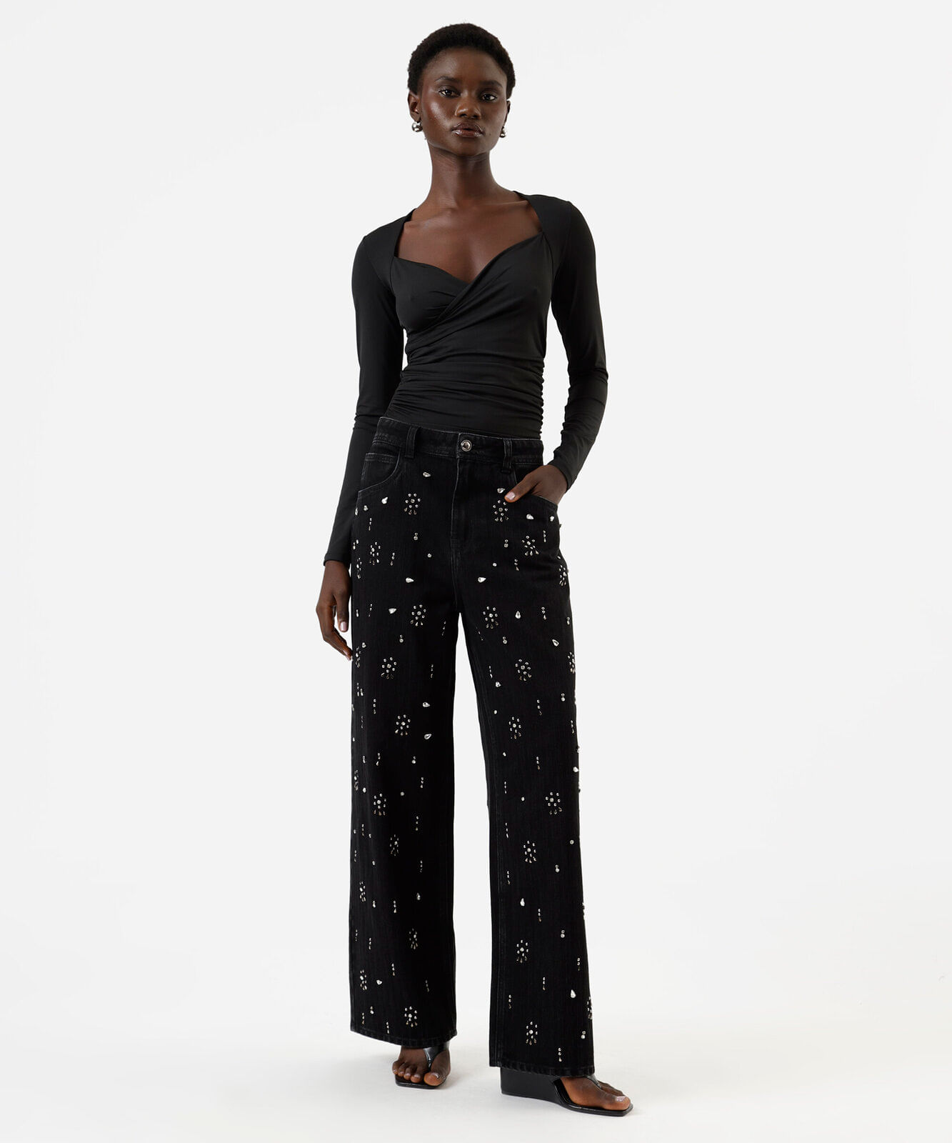 calça reta oversized feminina jeans com brilhos cintura alta preta